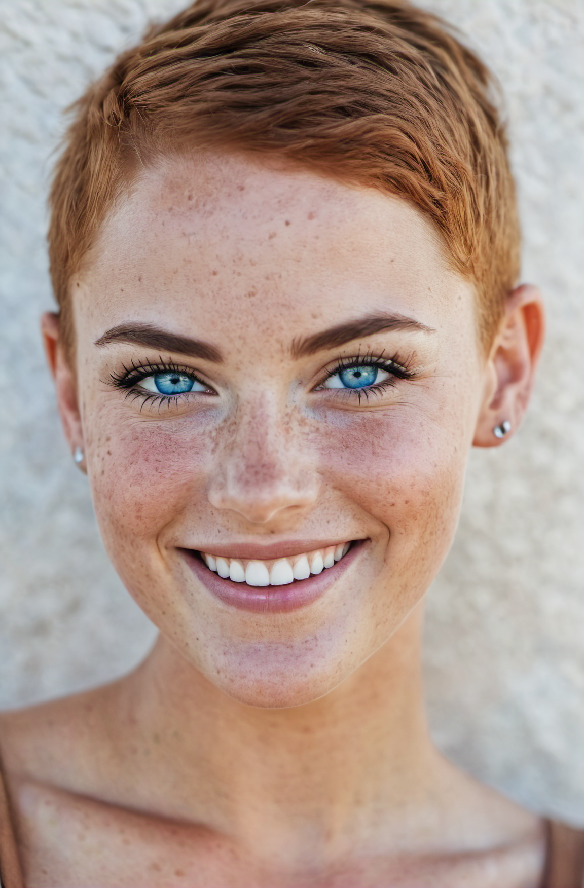 beautiful lady, (freckles), big smile, blue eyes, buzzcut hair, dark makeup, hyperdetailed photography, soft light, head a...